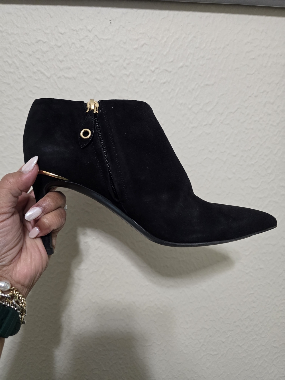 Black Suede Stiletto Heels with Gold Accent - Designer Style - Picture 5 of 7